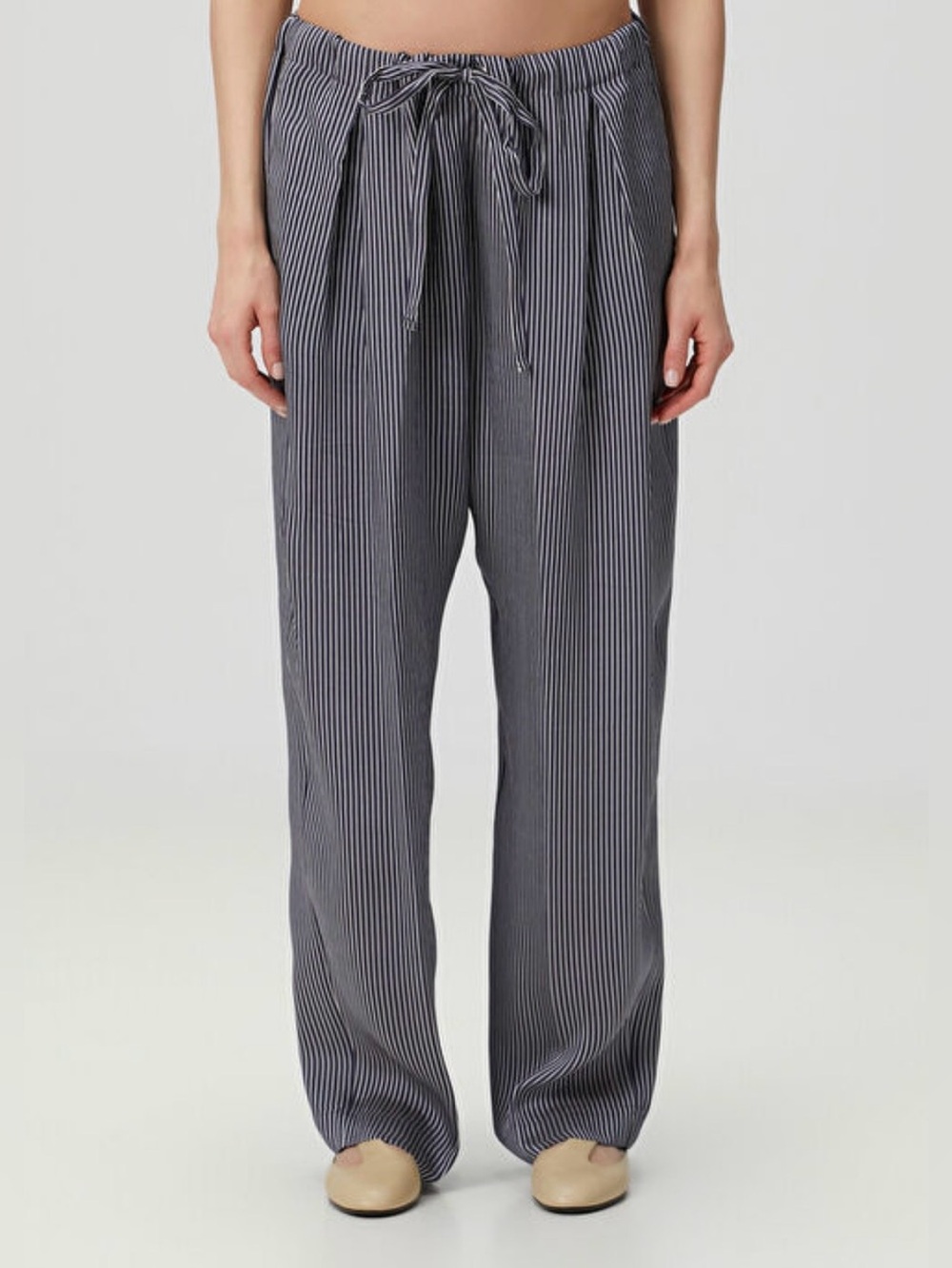 Khaite Navy / White Striped Trenton Silk Blend Wide Leg Pant Trousers size small